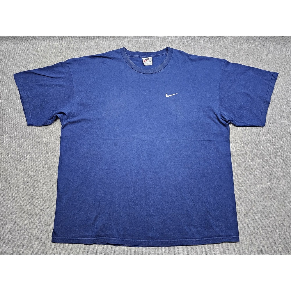 VINTAGE Nike Shirt Mens 2XL Blue Swoosh Logo Tee Made Mexico Crew Neck Athletic